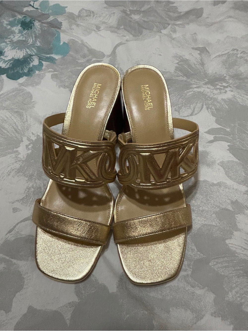 MICHAEL Michael Kors Metallic Gold Logo Slide Mules